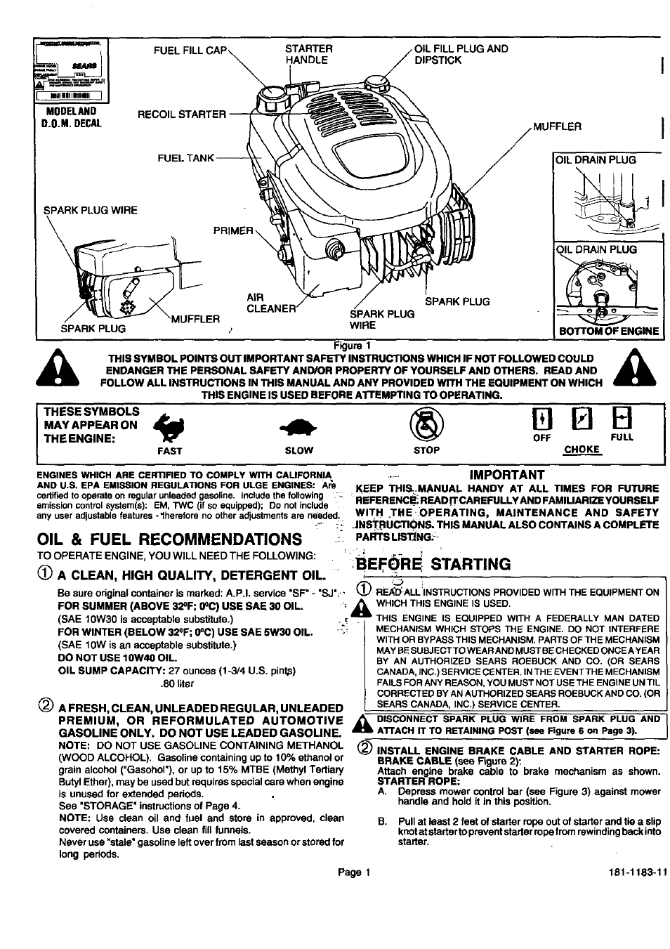 Oil & fuel recommendations, 0 0 b | Sears 143.996706 User Manual | Page 2 / 12