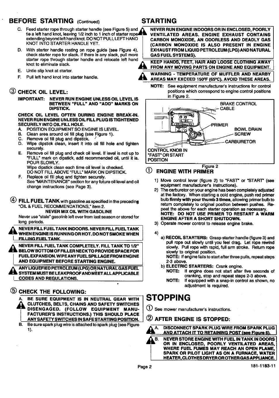 Before starting (continued), Starting, Stopping | Before starting | Sears 143.996706 User Manual | Page 3 / 12