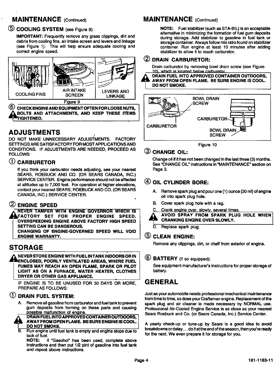 Adjustments, Storage, General | Maintenance | Sears 143.996706 User Manual | Page 5 / 12