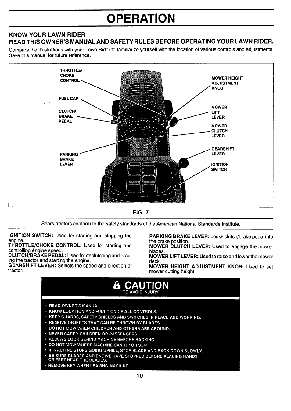 Know your lawn rider, Fig. 7, Operation | A caution | Sears 917.257462 User Manual | Page 10 / 52