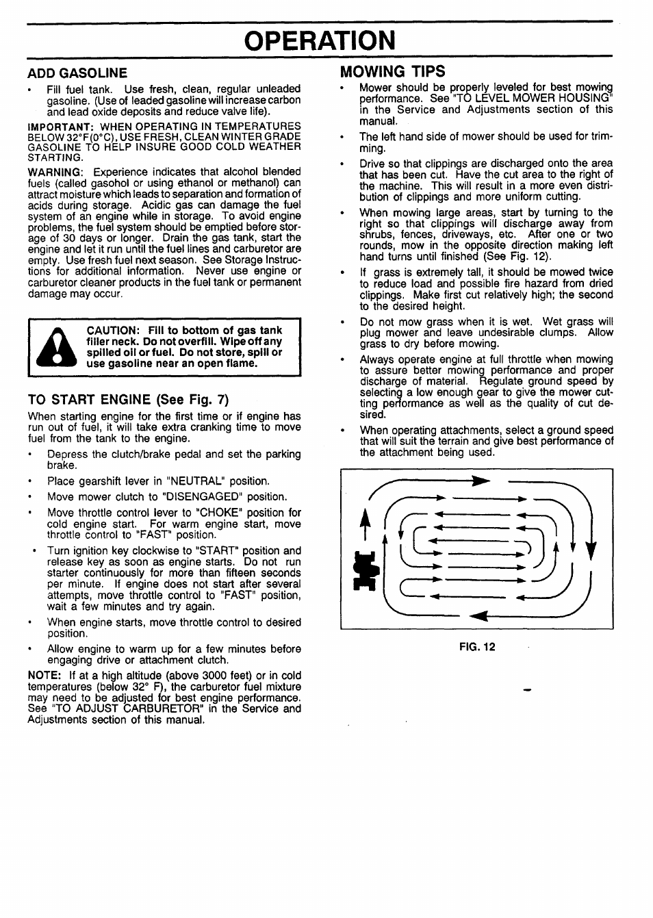 Add gasoline, To start engine (see fig. 7), Mowing tips | Operation | Sears 917.257462 User Manual | Page 13 / 52