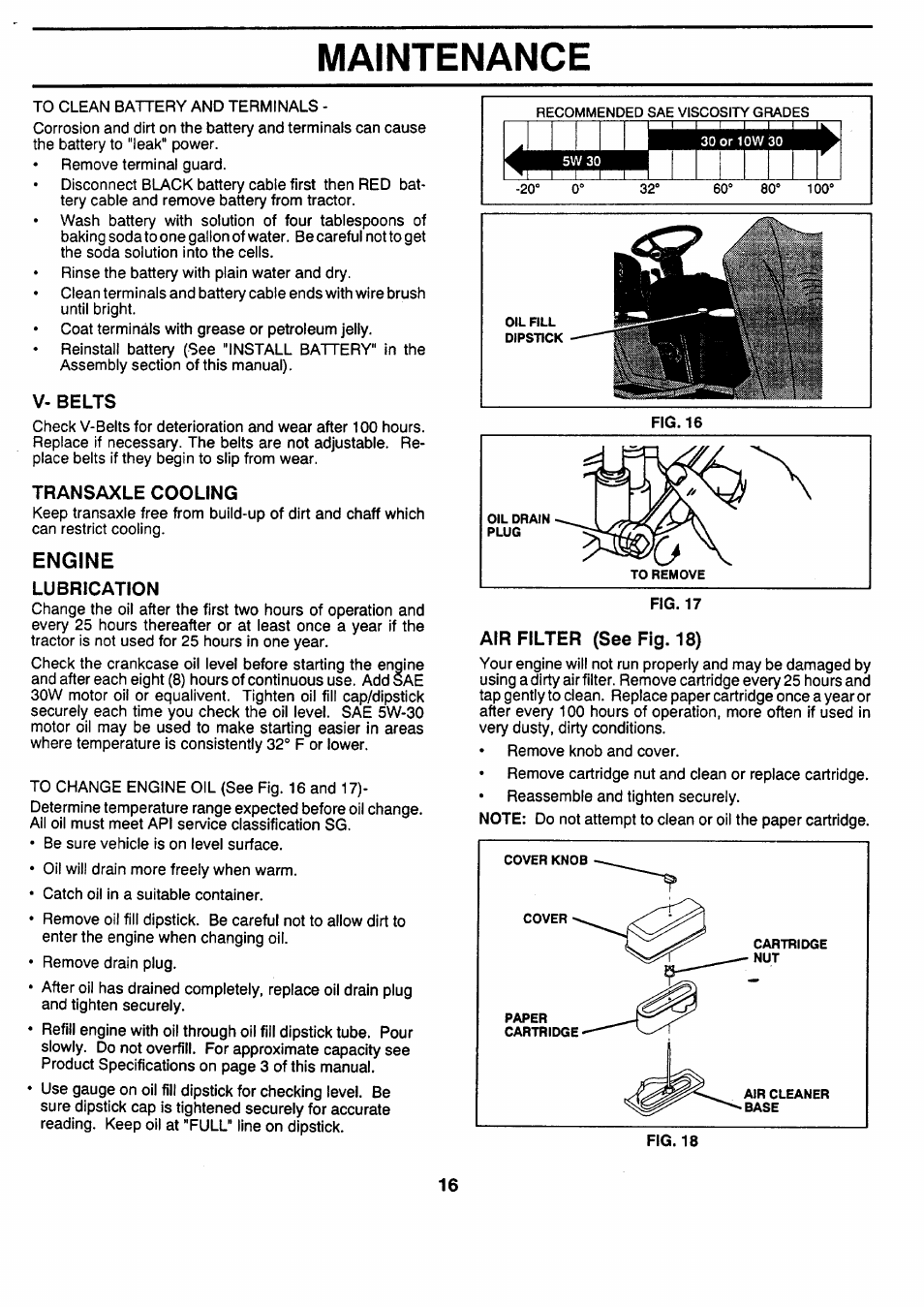 V- belts, Transaxle cooling, Engine | Lubrication, Air filter (see fig. 18), Maintenance | Sears 917.257462 User Manual | Page 16 / 52