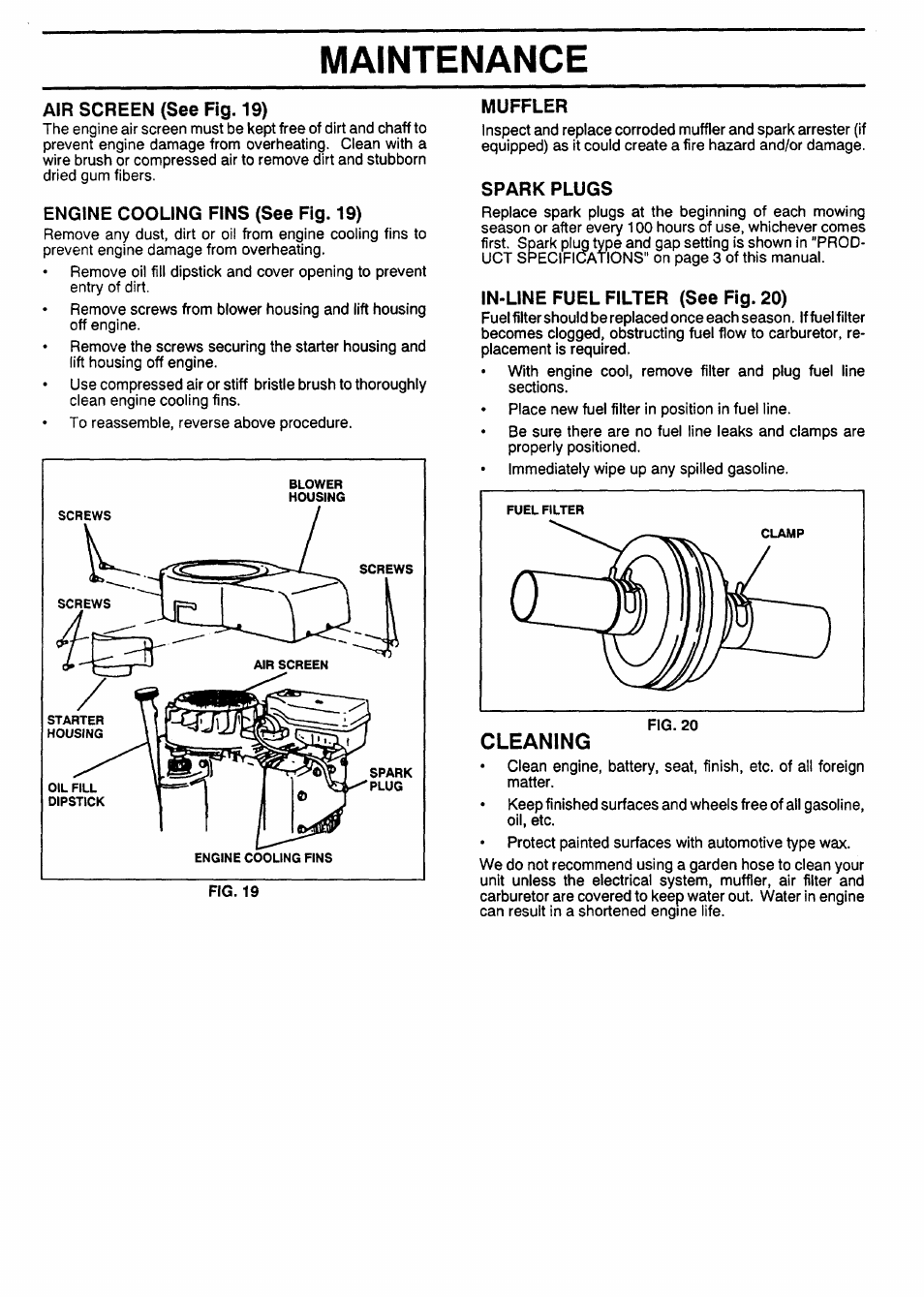 Air screen (see fig. 19), Engine cooling fins (see fig. 19), Muffler | Spark plugs, In-line fuel filter (see fig. 20), Cleaning, Maintenance | Sears 917.257462 User Manual | Page 17 / 52