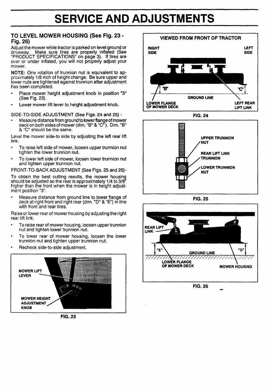 To level mower housing (see fig. 23 - fig. 26), Viewed from front of tractor, Fig. 23 | Service and adjustments | Sears 917.257462 User Manual | Page 19 / 52