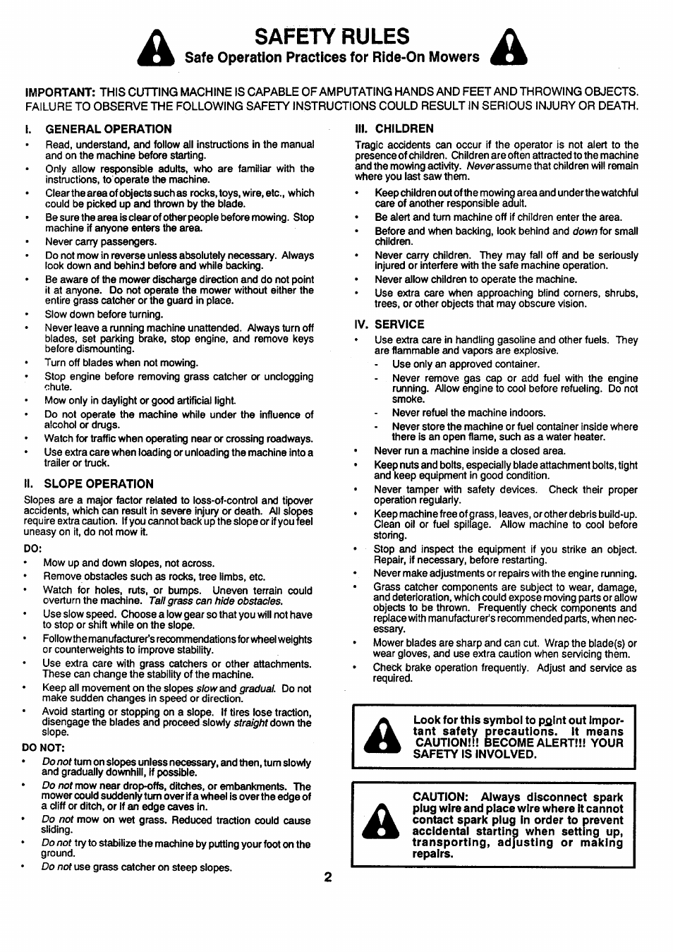 I. general operation, Ii. slope operation, Iii. children | Iv. service, Safety rules a | Sears 917.257462 User Manual | Page 2 / 52