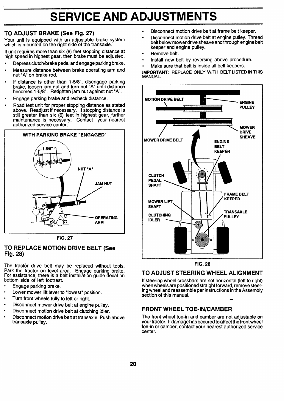 To adjust brake (see fig. 27), Fig. 28, To adjust steering wheel alignment | Front wheel toe-in/camber, Service and adjustments | Sears 917.257462 User Manual | Page 20 / 52