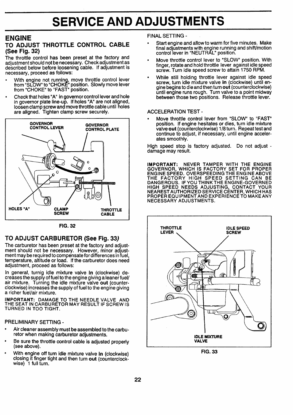 To adjust throttle control cable (see fig. 32), To adjust carburetor (see fig. 33), Service and adjustments | Engine | Sears 917.257462 User Manual | Page 22 / 52