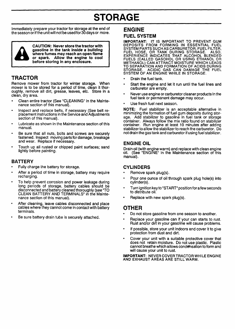 Storage, Battery, Fuel system | Engine oil, Cylinders, Battery -16, Tractor, Engine, Other | Sears 917.257462 User Manual | Page 23 / 52