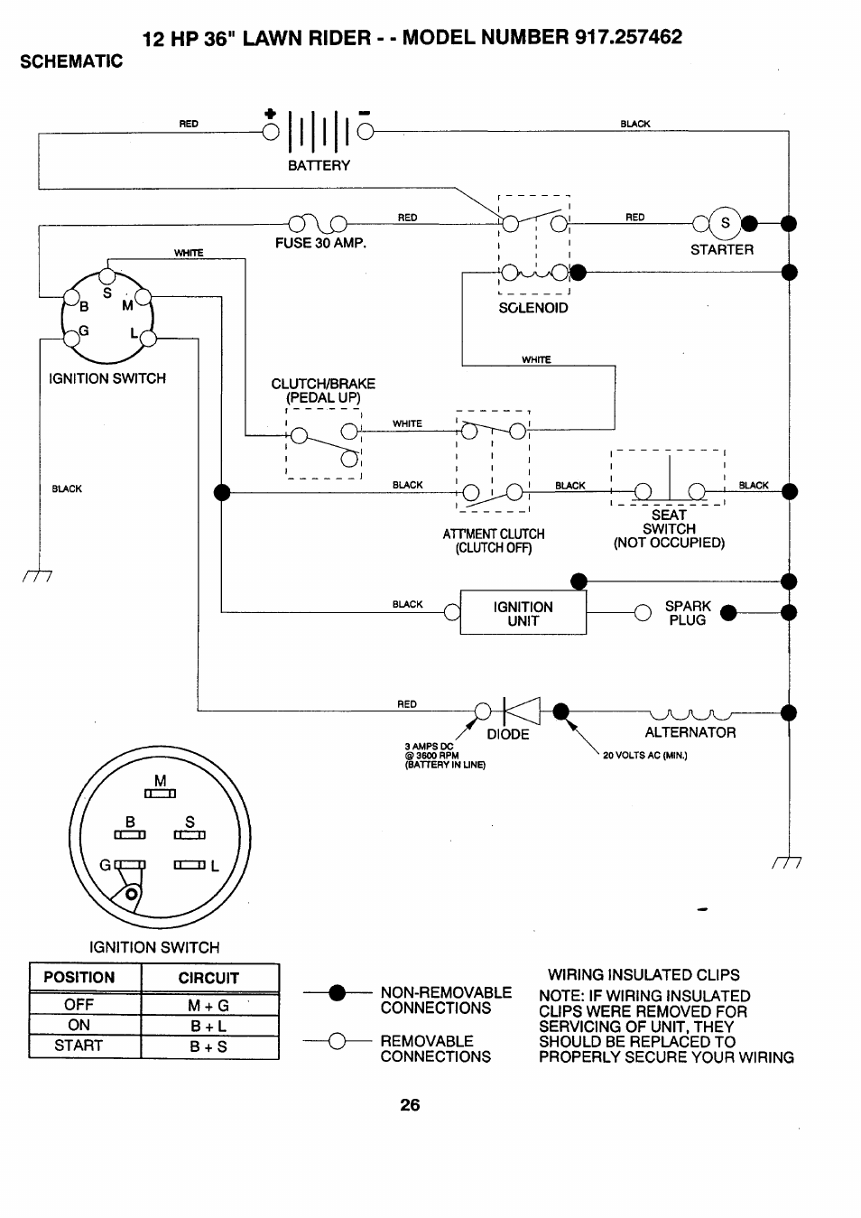 12 hp 36" lawn rider - - model number 917.257462, Schematic | Sears 917.257462 User Manual | Page 26 / 52