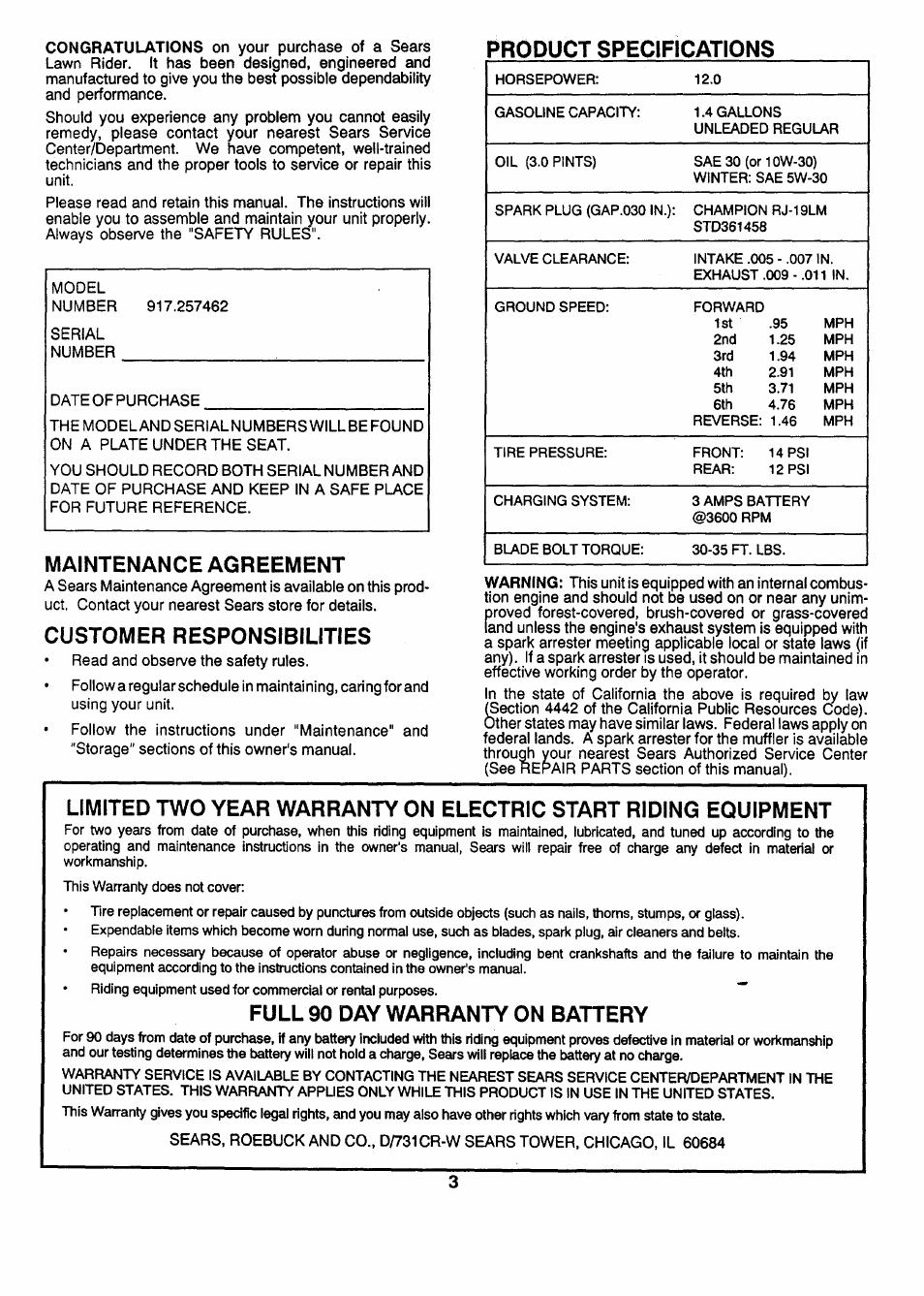 Product specifications, Maintenance agreement, Customer responsibilities | Full 90 day warranty on battery | Sears 917.257462 User Manual | Page 3 / 52