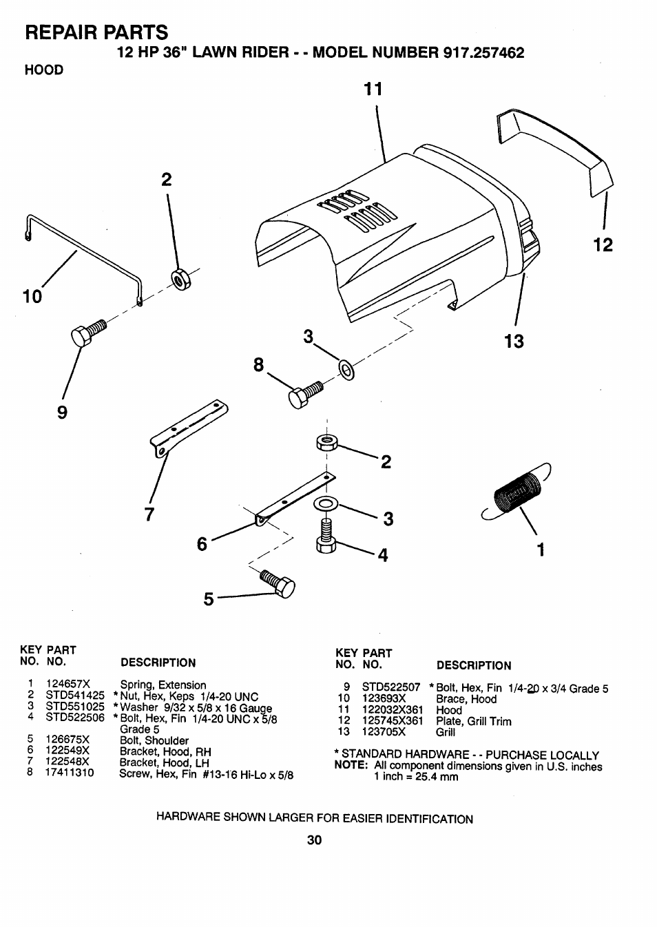 Hood, Model number 917.257462, Repair parts | 12 hp 36” lawn rider | Sears 917.257462 User Manual | Page 30 / 52