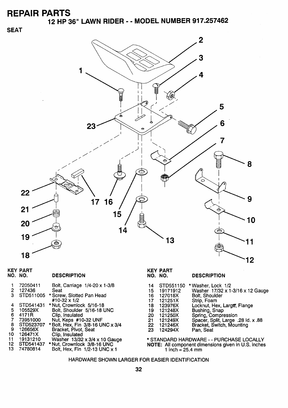 Seat, Repair parts | Sears 917.257462 User Manual | Page 32 / 52