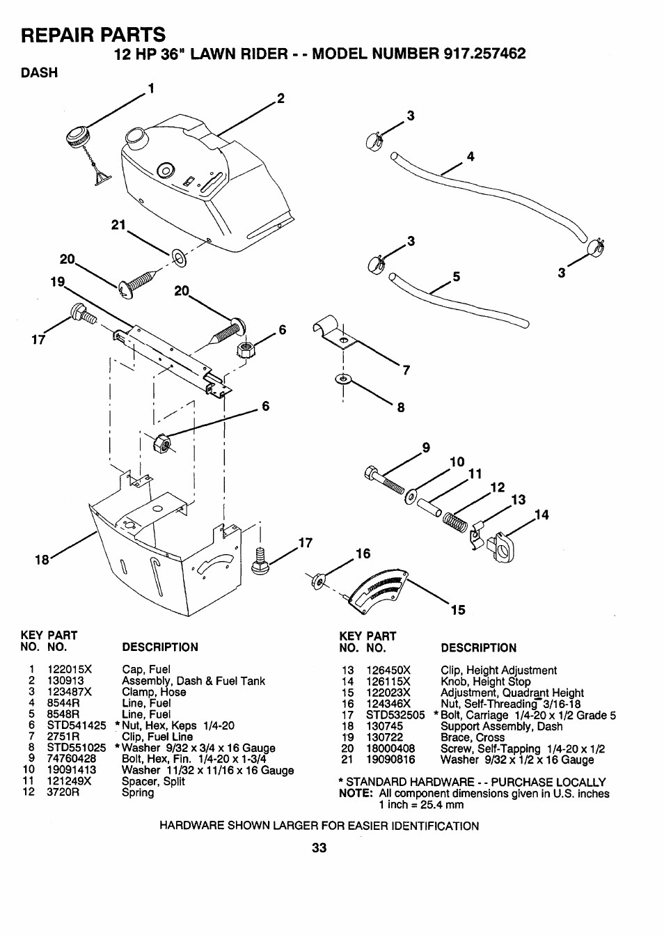 Dash, Repair parts | Sears 917.257462 User Manual | Page 33 / 52