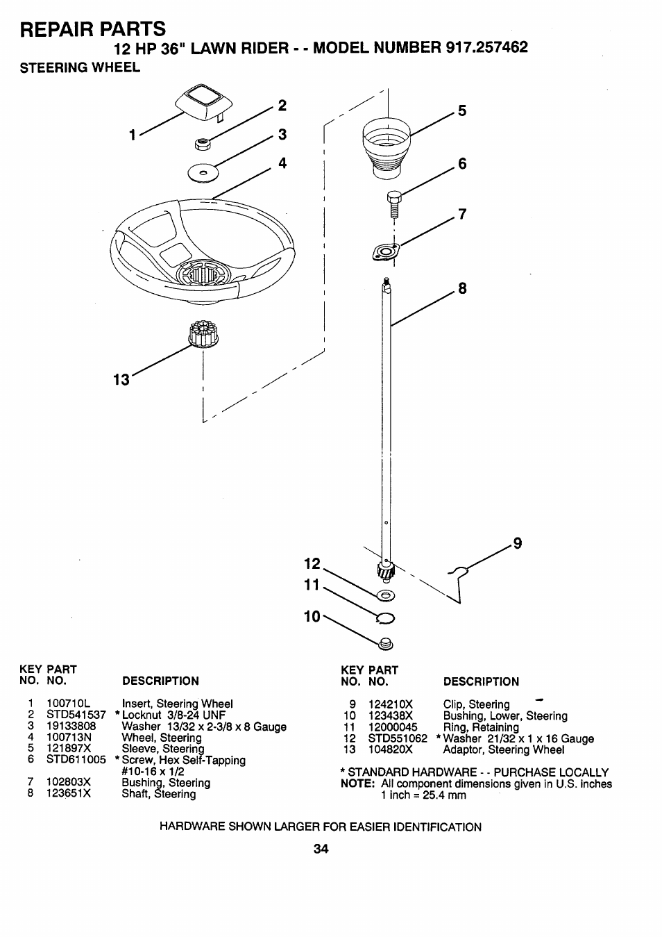 Repair parts, 12 hp 36" lawn rider - - model number 917.257462, Steering wheel | Repair parts -50, Steering wheel ,20 | Sears 917.257462 User Manual | Page 34 / 52