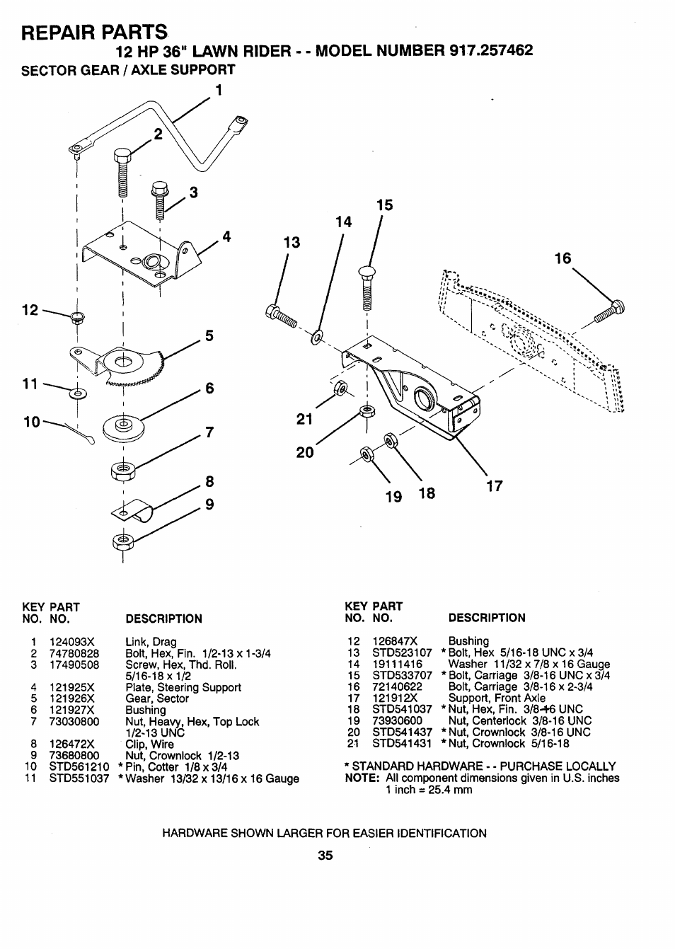 Repair parts, 12 hp 36" lawn rider - - model number 917.257462, Sector gear / axle support | Repair parts -45 | Sears 917.257462 User Manual | Page 35 / 52