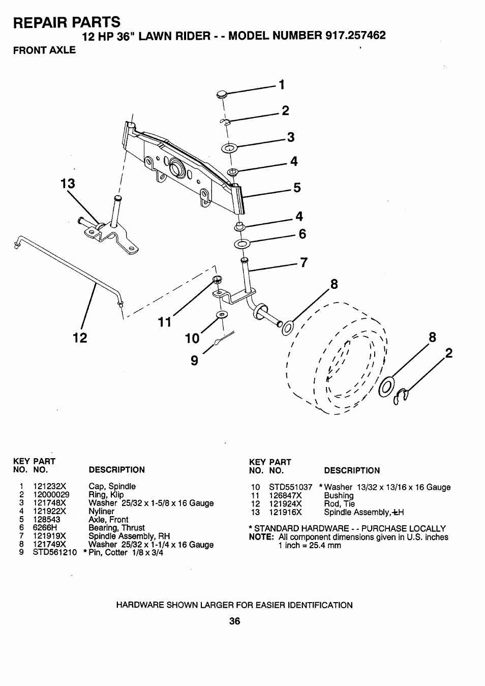 Front axle, Repair parts | Sears 917.257462 User Manual | Page 36 / 52