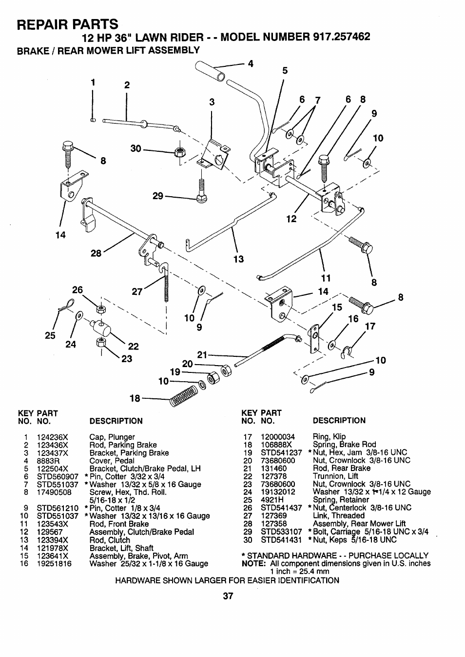 Repair parts, Brake / rear mower lift assembly 8 | Sears 917.257462 User Manual | Page 37 / 52