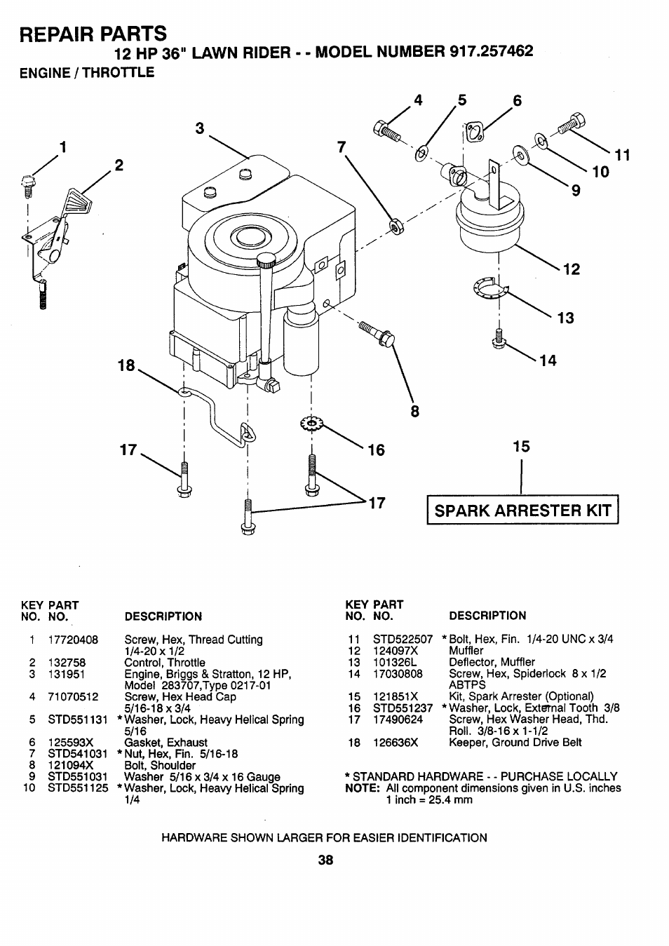 Repair parts, Engine/throttle | Sears 917.257462 User Manual | Page 38 / 52