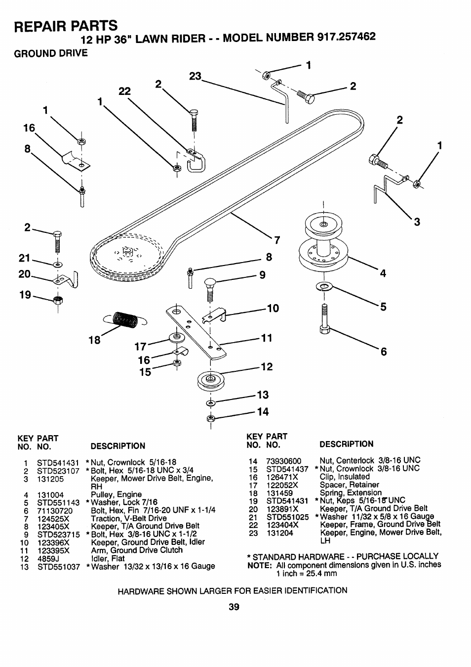 Repair parts, 12 hp 36" lawn rider, Ground drive | Model number 917.257462 | Sears 917.257462 User Manual | Page 39 / 52