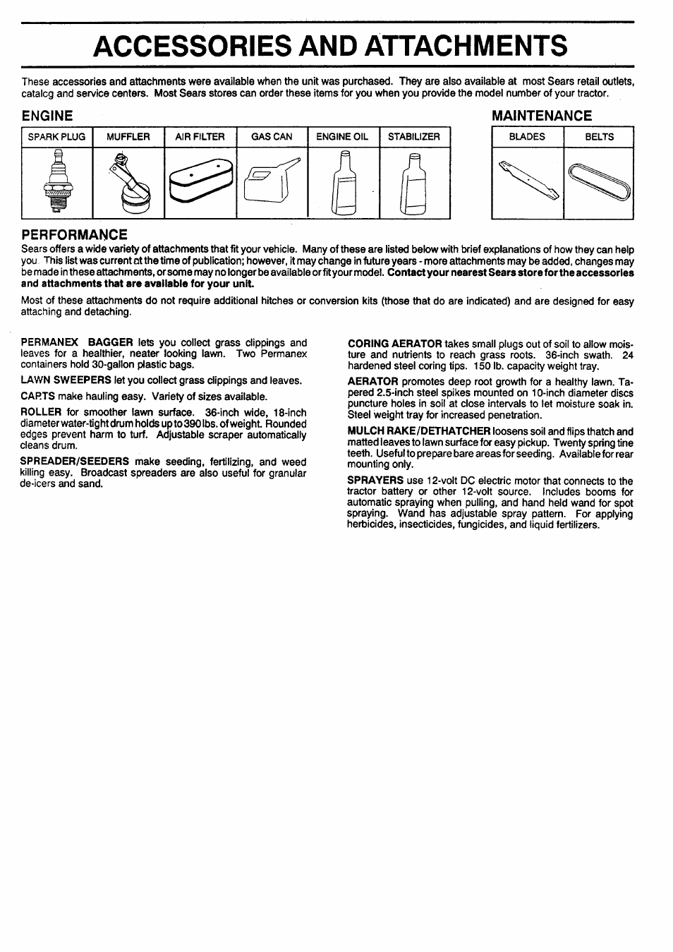 Accessories and attachments, Maintenance, Performance | Sears 917.257462 User Manual | Page 4 / 52