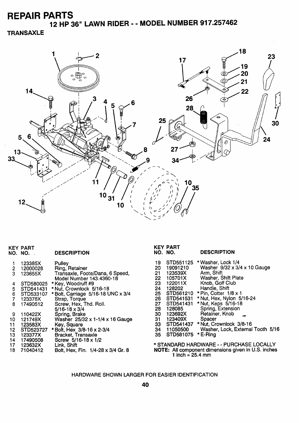 Transaxle, Repair parts | Sears 917.257462 User Manual | Page 40 / 52