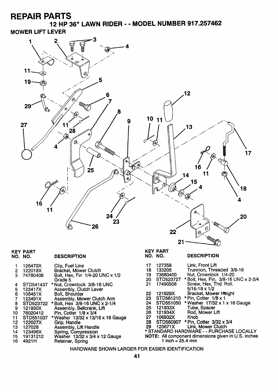 Repair parts, Mower lift lever | Sears 917.257462 User Manual | Page 41 / 52