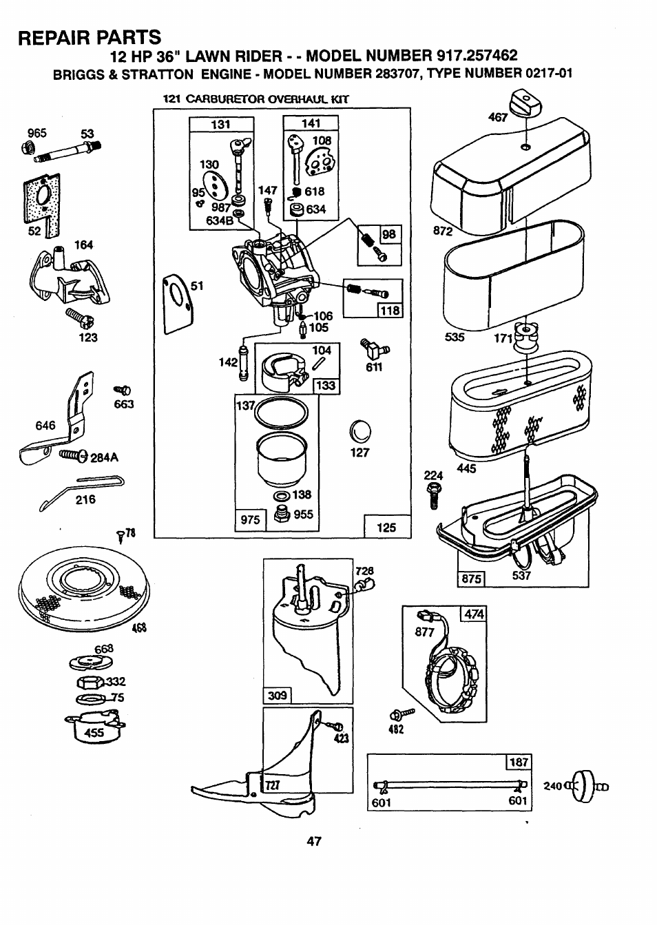 Repair parts | Sears 917.257462 User Manual | Page 47 / 52