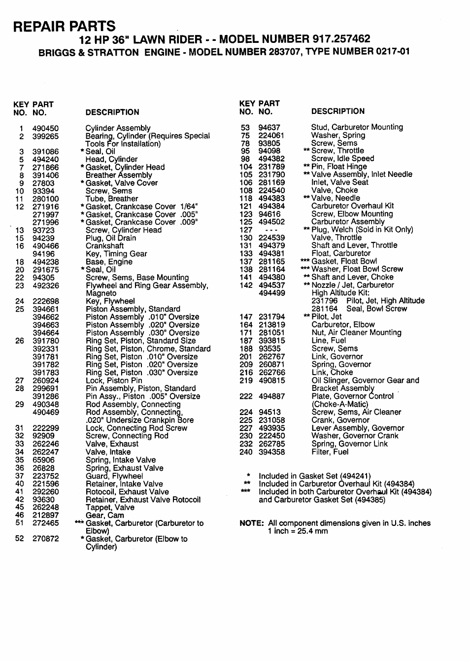 Repair parts | Sears 917.257462 User Manual | Page 49 / 52