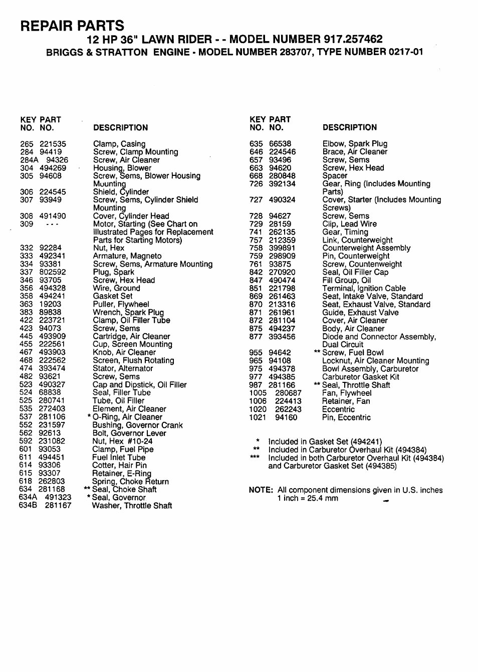 Repair parts | Sears 917.257462 User Manual | Page 50 / 52