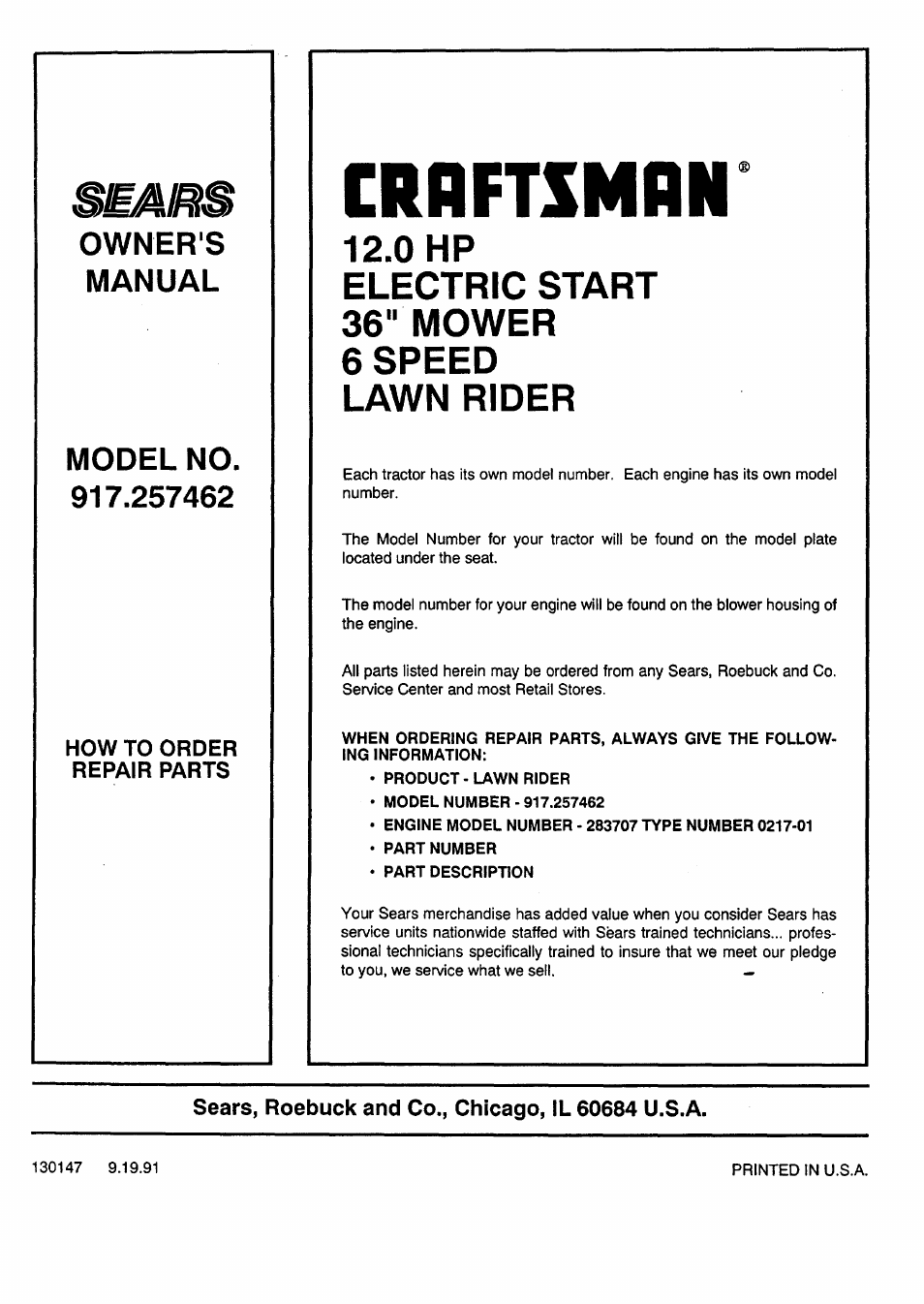 Sears, roebuck and co., chicago, il 60684 u.s.a, Croftsmon, 0 hp | Electric start 36