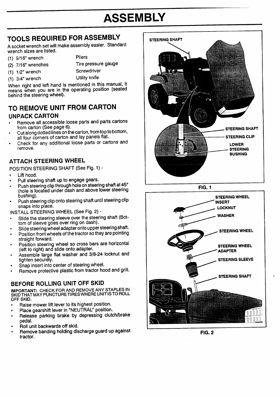 Tools required for assembly, To remove unit from carton, Unpack carton | Attach steering wheel, Before rolling unit off skid, Assembly | Sears 917.257462 User Manual | Page 7 / 52