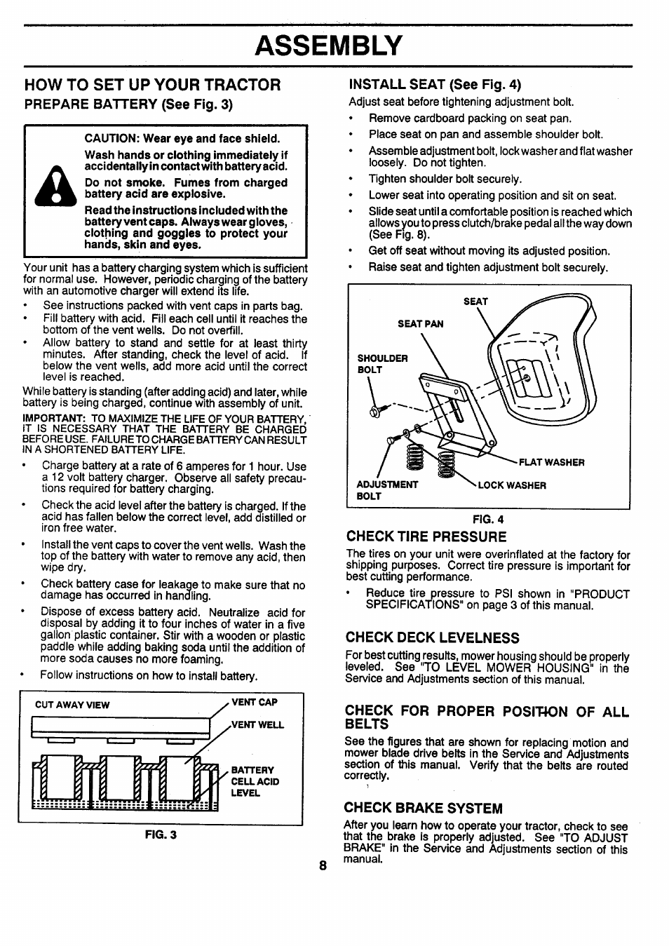 How to set up your tractor, Prepare battery (see fig. 3), Install seat (see fig. 4) | Check tire pressure, Check deck levelness, Check for proper position of all belts, Check brake system, Assembly | Sears 917.257462 User Manual | Page 8 / 52