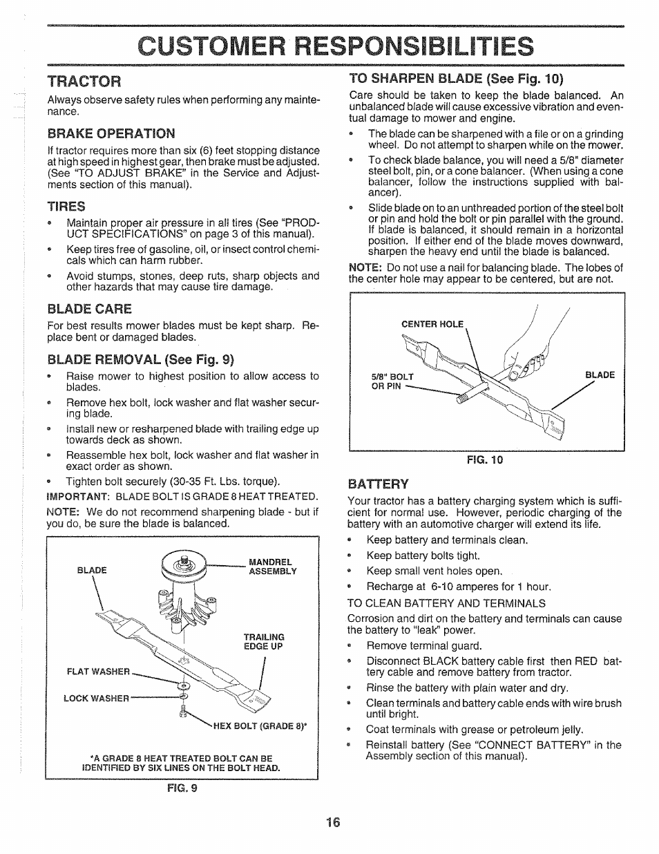 Brake operation, Tires, Blade care | Blade removal (see fig. 9), To sharpen blade (see fig. 10), Customer responsibilities, Tractor | Sears 917.2565 User Manual | Page 16 / 56