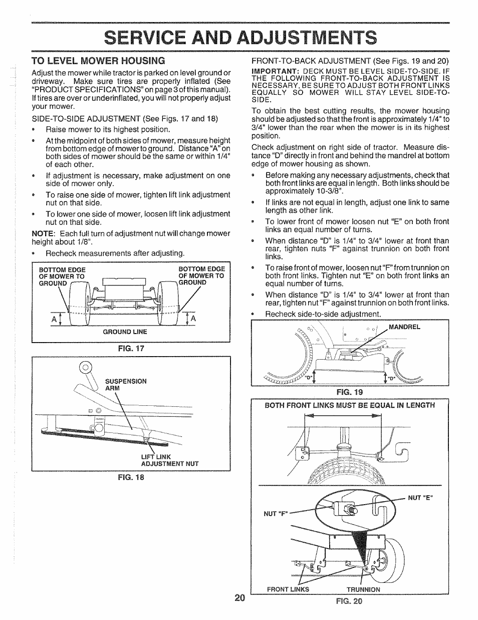 To level mower housing, Service and adjustments | Sears 917.2565 User Manual | Page 20 / 56