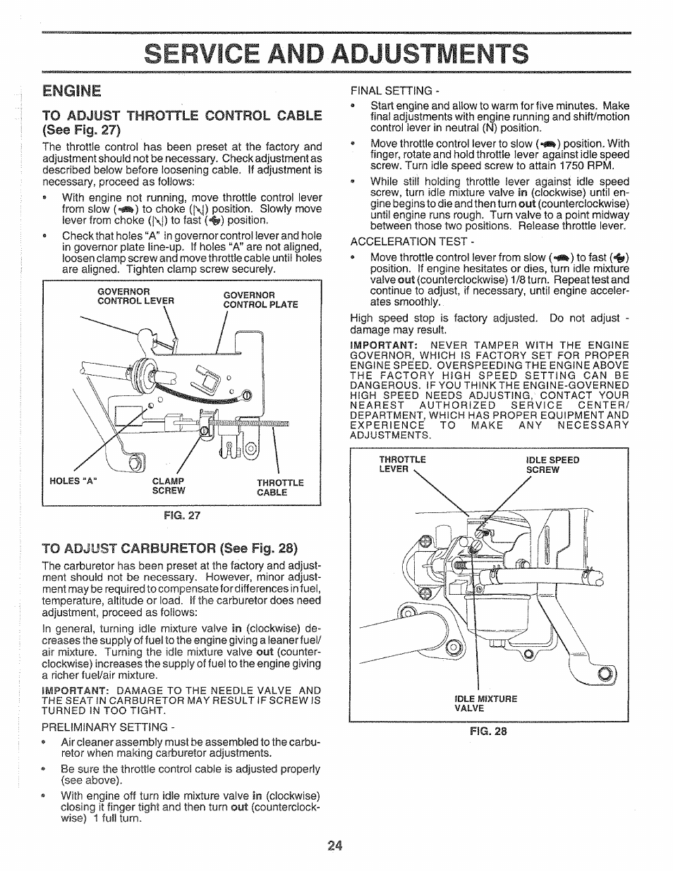 To adjust throttle control cable (see fig. 27), To adjust carburetor (see fig. 28), And adjustments | Service, Engine, Important | Sears 917.2565 User Manual | Page 24 / 56