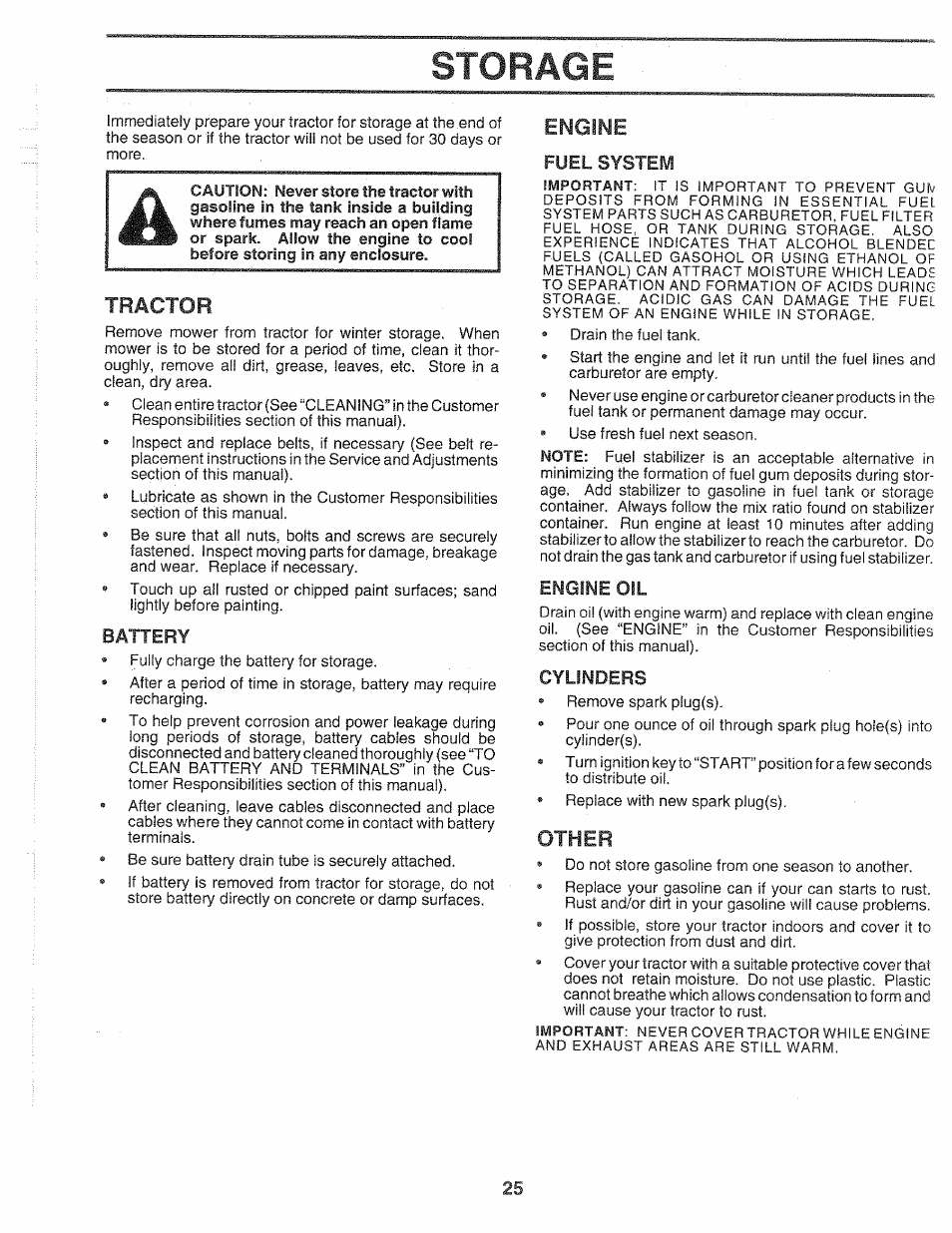 Battery, Fuel system, Storage | Tractor, Other, Engine, Important | Sears 917.2565 User Manual | Page 25 / 56