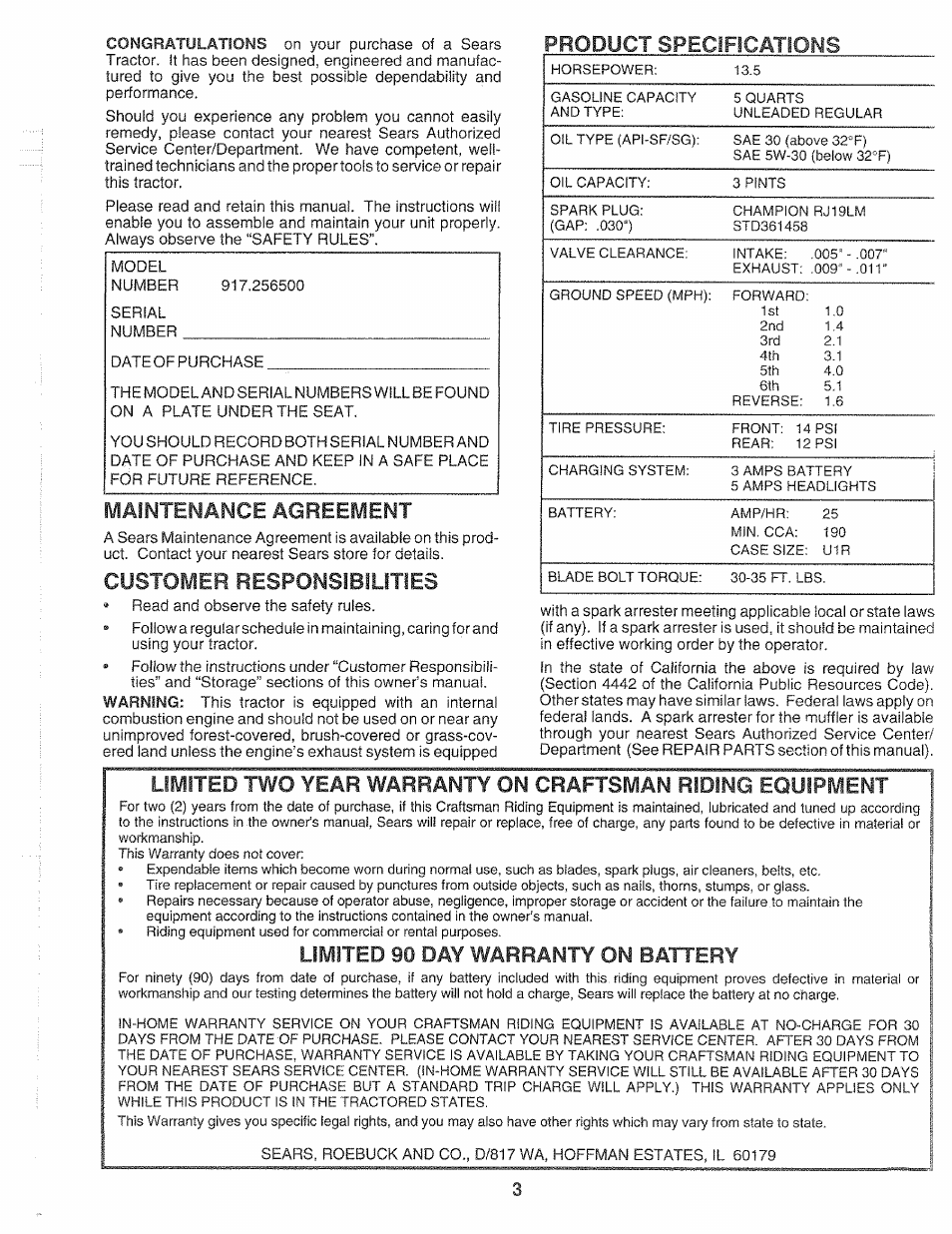 Product specifications, Limited 90 day warranty on battery, Maintenance agreement | Customer responsibilities | Sears 917.2565 User Manual | Page 3 / 56