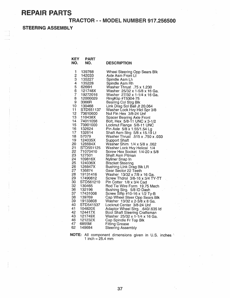 Steersng assembly, Repair parts, Tractor | Model | Sears 917.2565 User Manual | Page 37 / 56