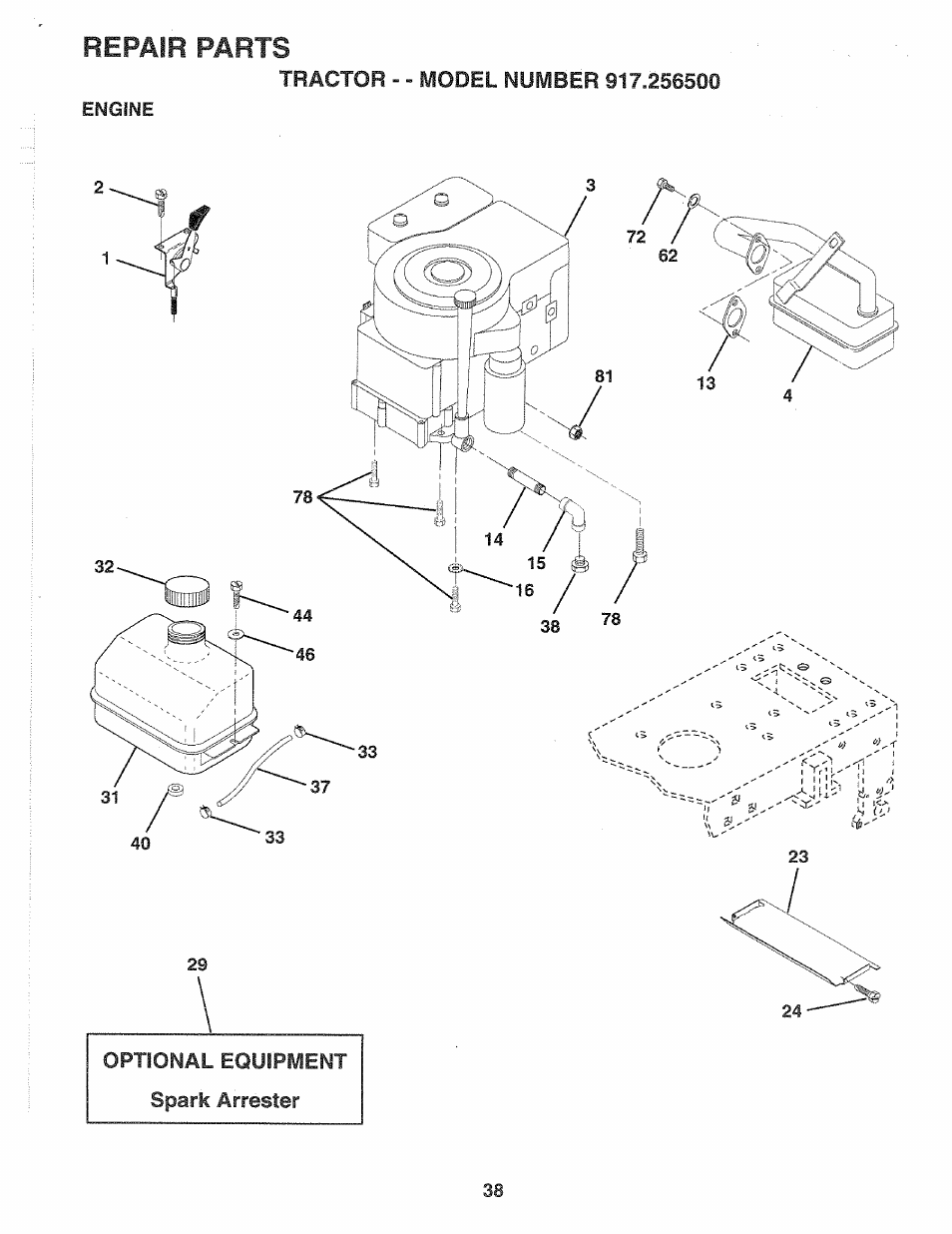Repair parts, Optional equipment spark arrester | Sears 917.2565 User Manual | Page 38 / 56