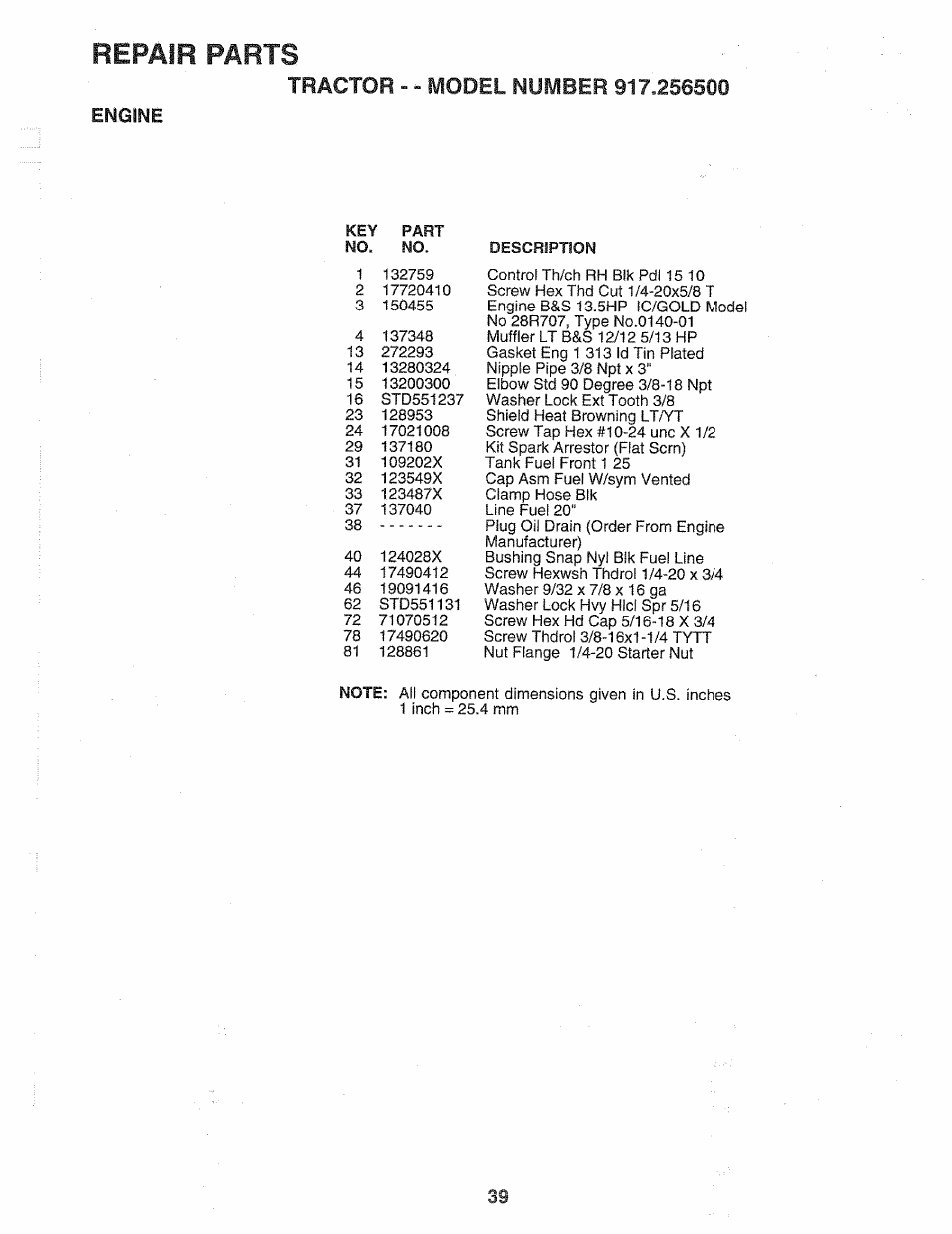 Engine, Repair parts | Sears 917.2565 User Manual | Page 39 / 56