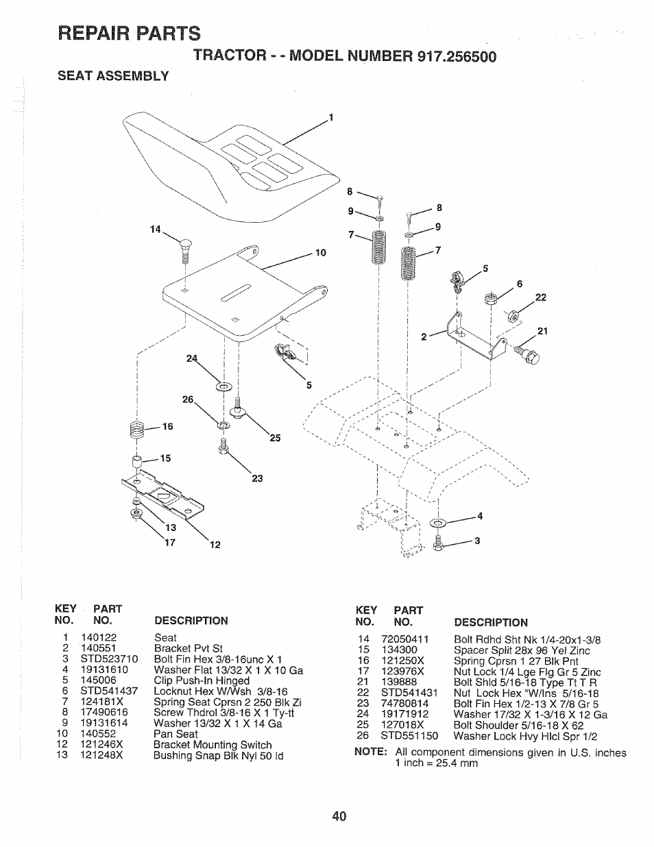 Seat assembly, Repair parts | Sears 917.2565 User Manual | Page 40 / 56