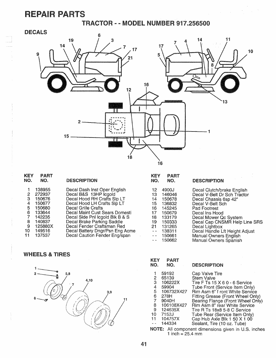 Repair parts, Decals, Wheels & tires | Sears 917.2565 User Manual | Page 41 / 56