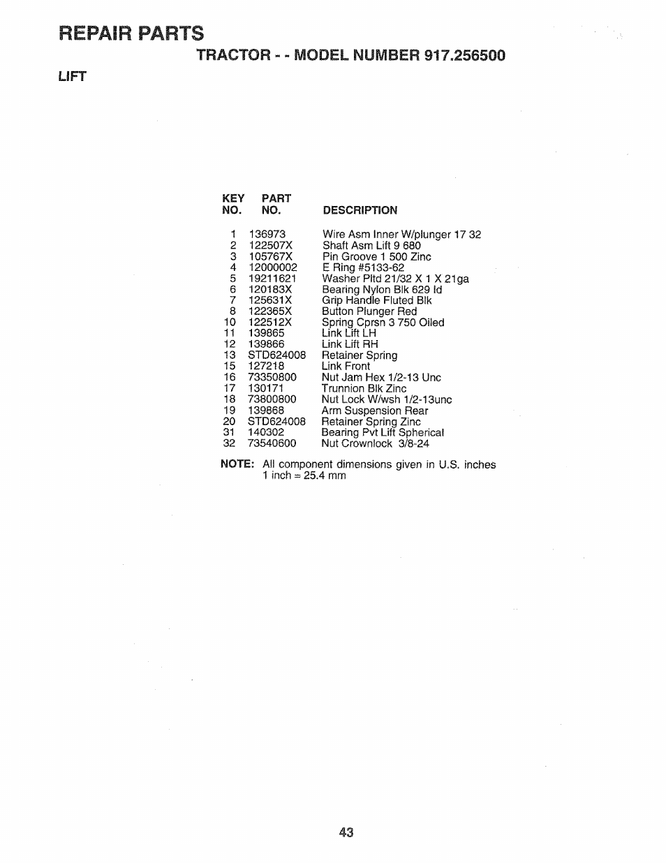 Repair parts | Sears 917.2565 User Manual | Page 43 / 56