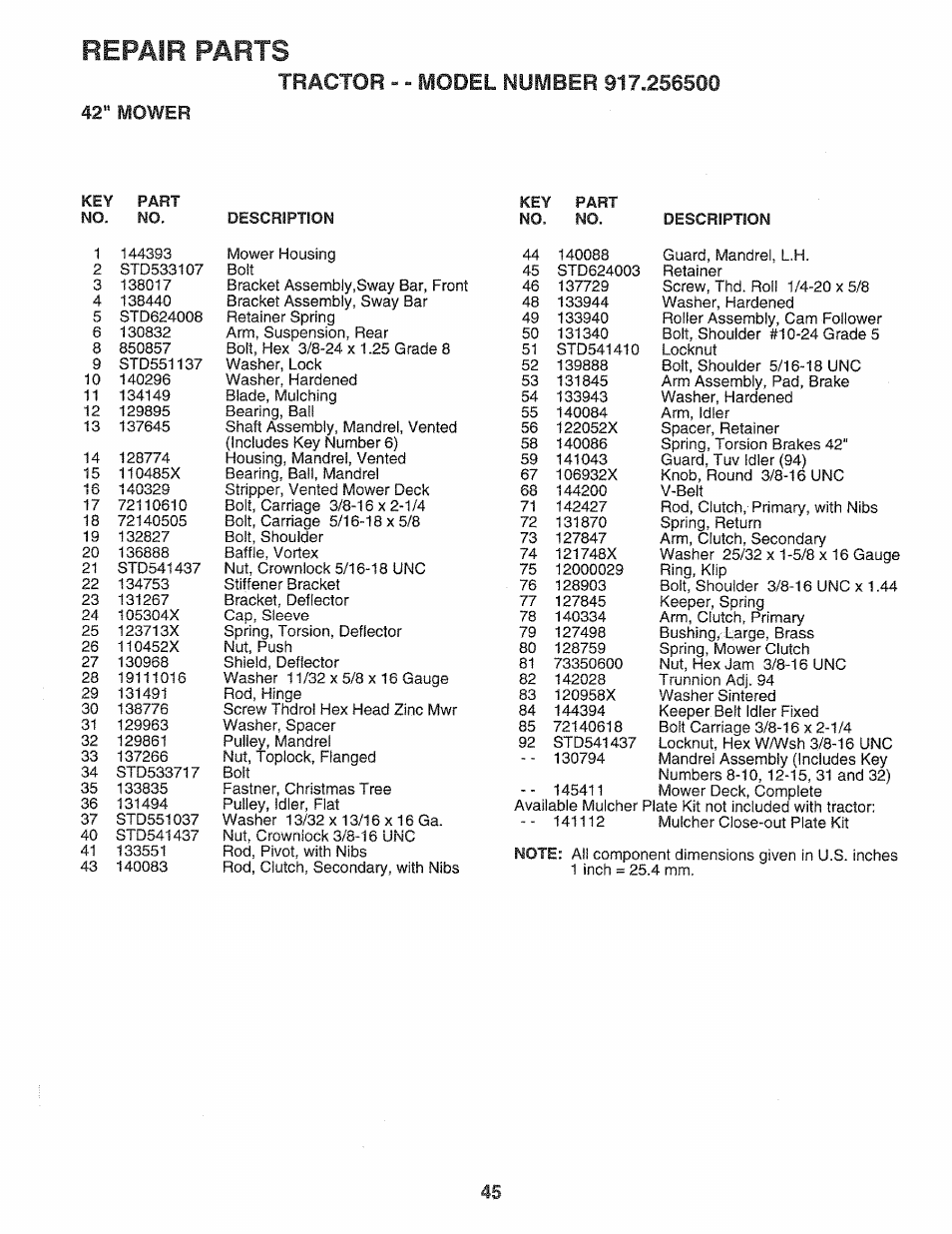 42" mower, Repair parts | Sears 917.2565 User Manual | Page 45 / 56