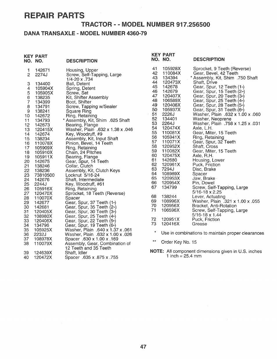 Repair parts | Sears 917.2565 User Manual | Page 47 / 56