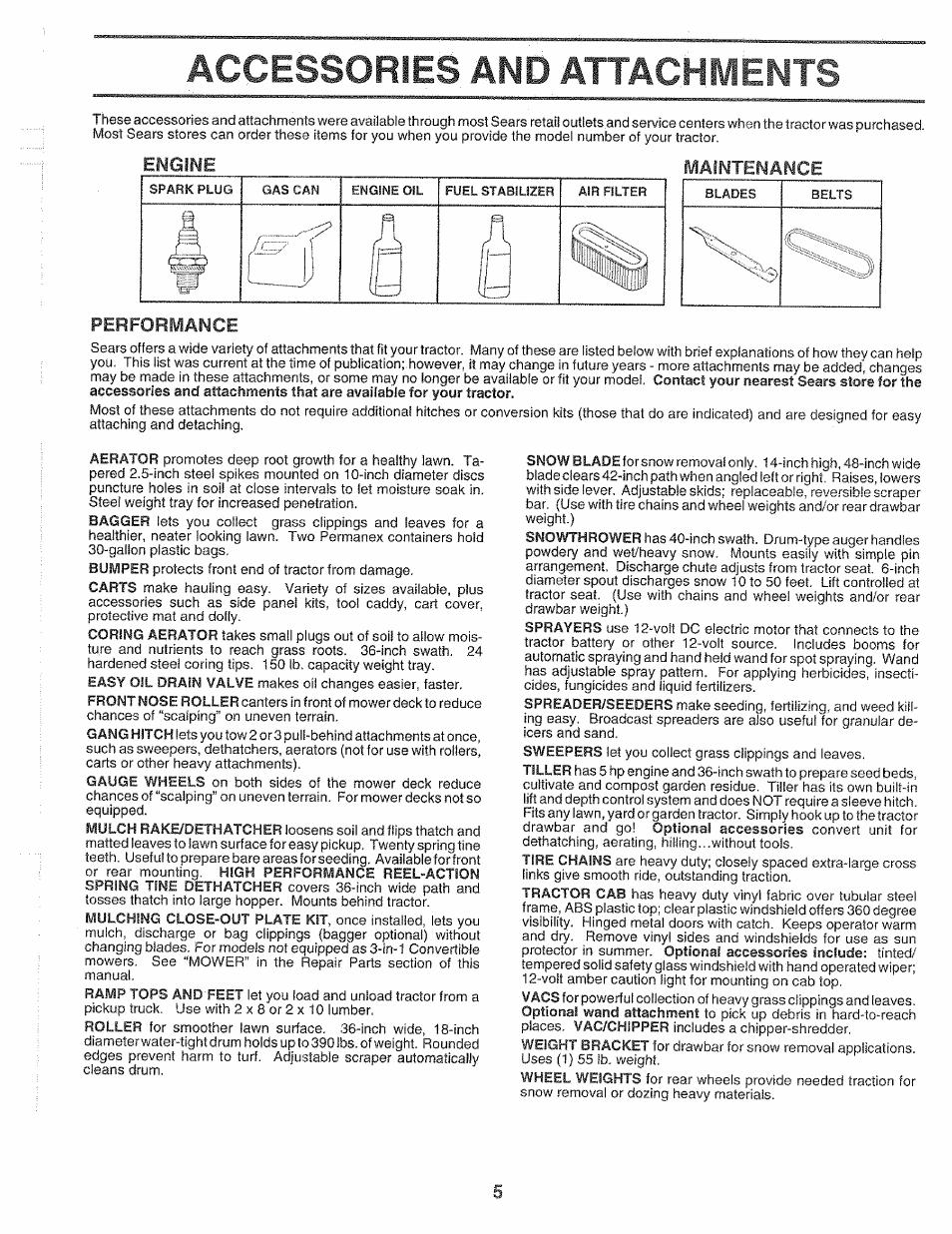Engine, Maintenance, Performance | Accessories and attachivients | Sears 917.2565 User Manual | Page 5 / 56