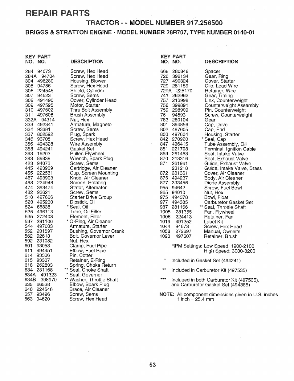 Repair parts | Sears 917.2565 User Manual | Page 53 / 56