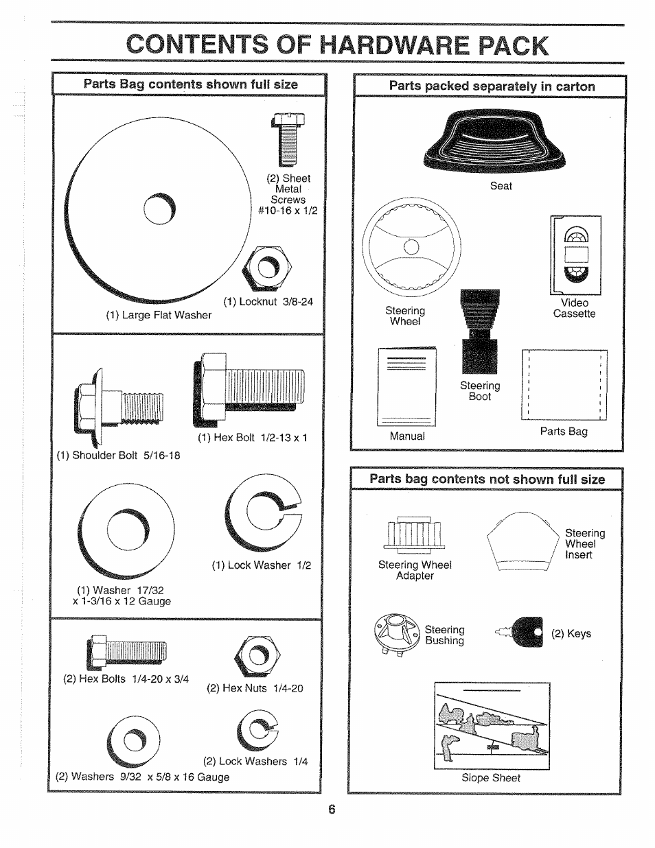 Parts bag contents shown fuît size, Contents of hardware pack | Sears 917.2565 User Manual | Page 6 / 56