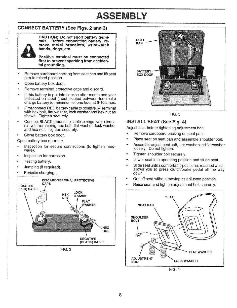 Connect battery (see figs. 2 and 3), Install seat (see rg. 4), Assembly | Sears 917.2565 User Manual | Page 8 / 56