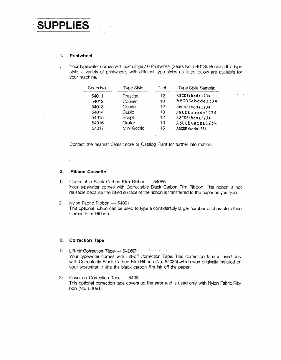 Supplies, Printwheel, Ribbon cassette | Correction tape | Sears 16 User Manual | Page 105 / 108